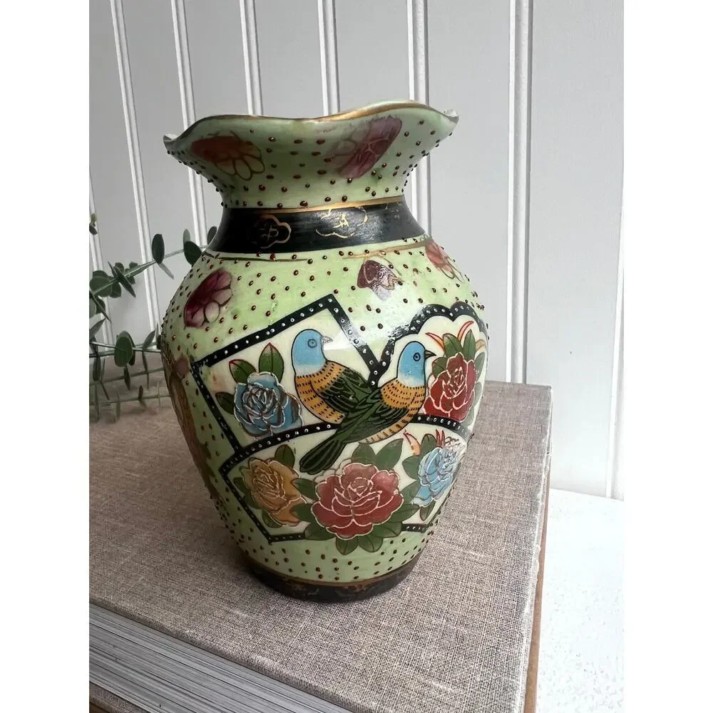 Vintage Aris Import Blue Bird Motif Asian-Inspired Floral Vase | 5
